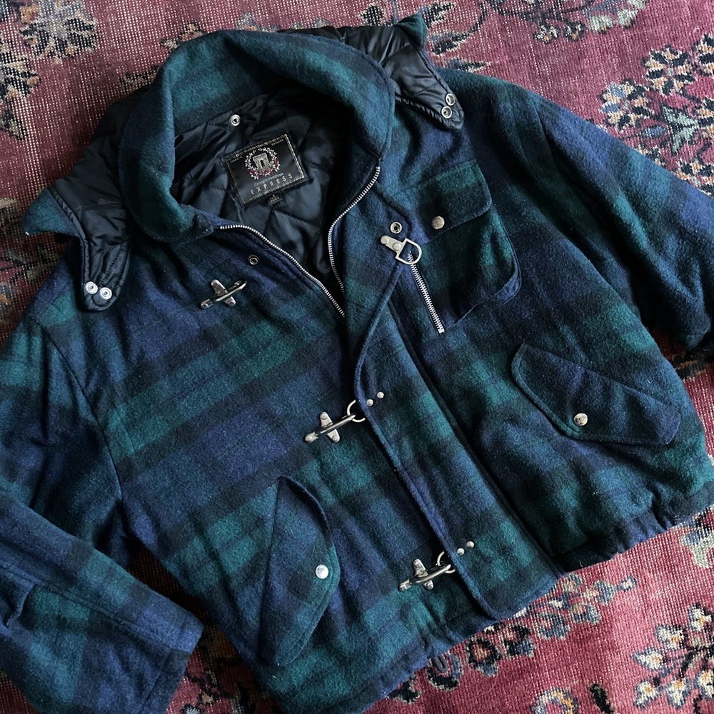 Men’s size Small vintage Express Black Watch plaid wool parka coat Y2K 90’s